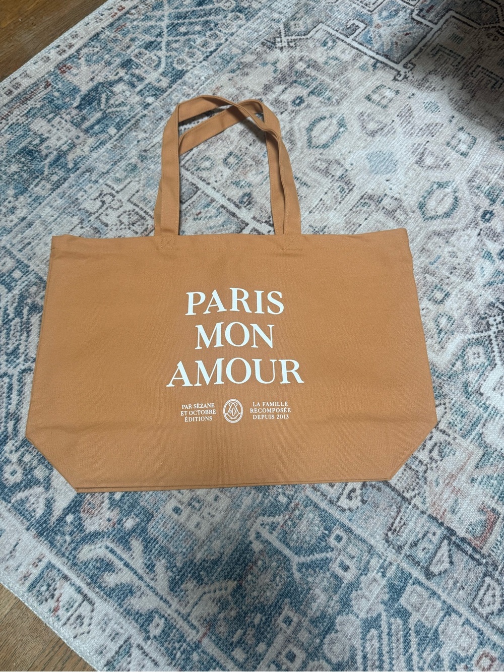 NWOT Sezane Paris Mon Amour Canvas Tote — Orange/Gold with White